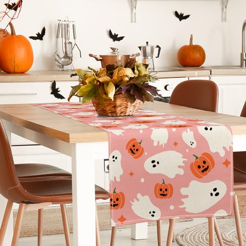 Pink Halloween Table Runner Cute Ghost Table Cover Spooky Halloween Kitchen Dining Decoration for Indoor Outdoor Home Party Supplies
