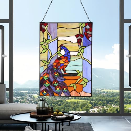 Stained Glass Window Hanging 16" H x 11" W Tiffany Style Rectangular Window Panel Suitable for Living Room Bedroom Kitchen Window Decoration Hangings with Chain