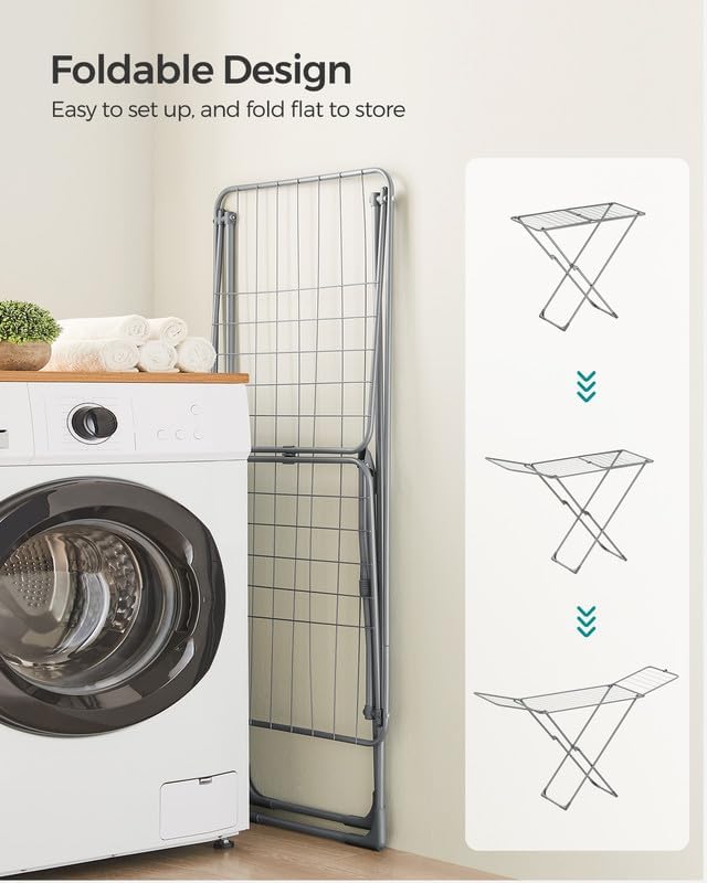 SONGMICS Clothes Drying Rack, Metal Laundry Drying Rack, Foldable, Space-Saving, Free-Standing Airer, with 2 Gullwings, Indoor Outdoor Use, Bed Linen Clothing, Gray ULLR540G01 - NestledHome