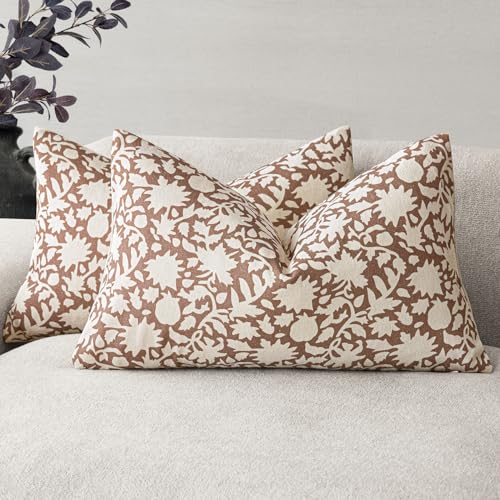 Set of 2 Decorative Neutral Floral Throw Pillow Covers Accent Farmhouse Cushion Covers Boho Pillowcase for Couch Sofa Bedroom Living Room Home Decor (2 Count)