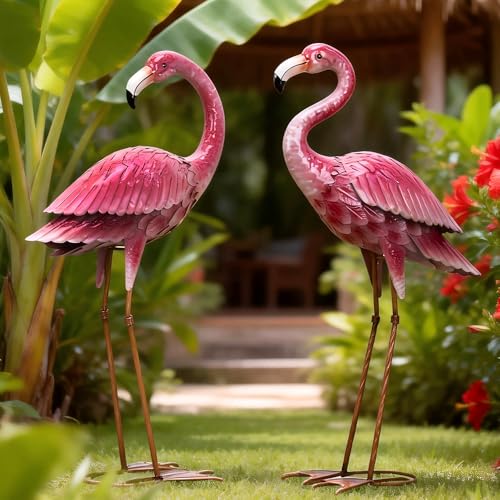 2 Pack Metal Pink Flamingo Statue for Outdoor Garden Yard Decor (2 Count)