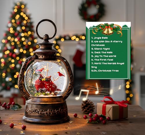 Christmas Snow Globe Lantern Water Glittering Cardinal with Music