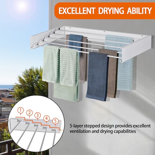 Laundry Drying Rack Wall Mounted Clothes Drying Rack Collapsible with 5 Aluminum Rods and Drilling Template Long Screwdriver Bit 60 lbs Capacity
