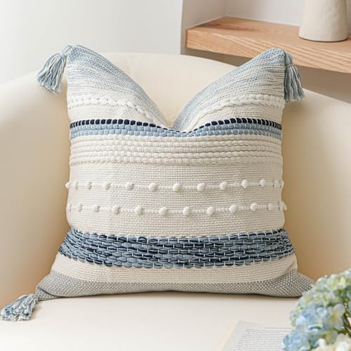 Coastal Blue Boho Decorative Throw Pillow Cover 18x18 Modern Bohemian Accent Pillow Case Square Woven Textured Farmhouse Pillows for Couch Bed