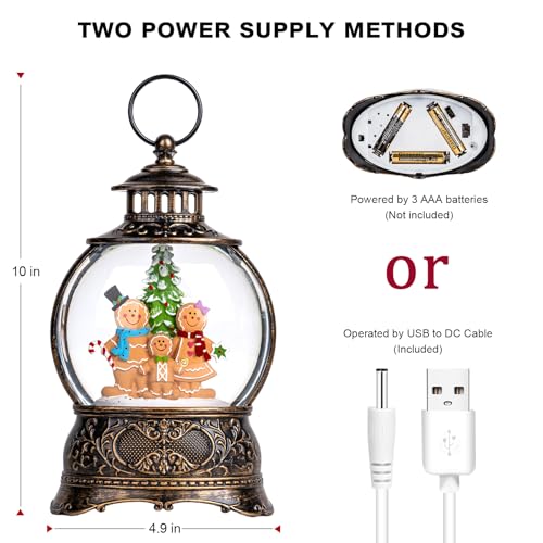 Christmas Snow Globe Lantern Water Glittering Gingerbread Family with Music& Timer