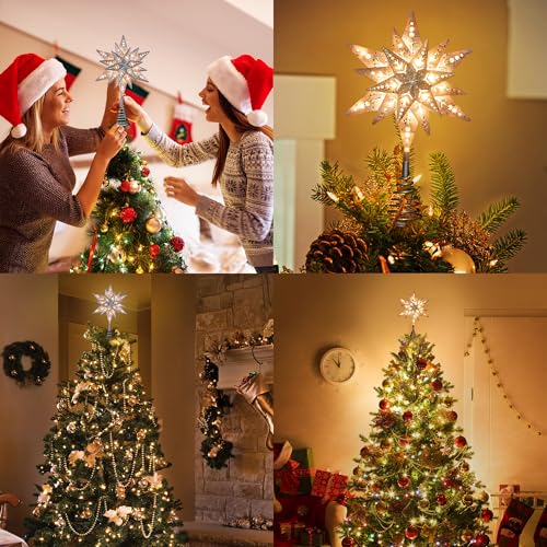 8 in Silver Glitter Snowflake Tree Topper with 25 Clear Lights