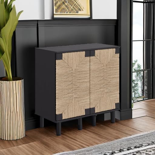 Nathan James Beacon Accent Natural Sideboard Storage Cabinet TV Stand in Wire-Brushed Wood with Adjustable Interior Shelf and Seagrass Doors, for Hallway, Entryway or Dining Room, Black, Set of 2