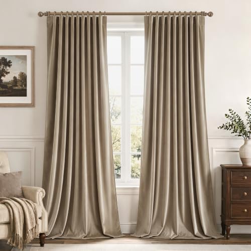 Light Taupe Velvet Pinch Pleat Blackout Curtains W52 X L84 Inches