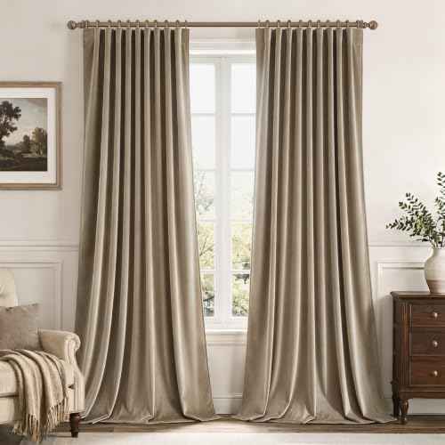 Light Taupe Velvet Pinch Pleat Blackout Curtains W52 X L96 Inches