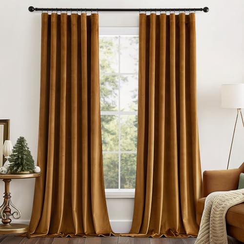 Fall Golden Brown Velvet Blackout Curtains Pinch Pleat 52" Wx96 L (2 Count)