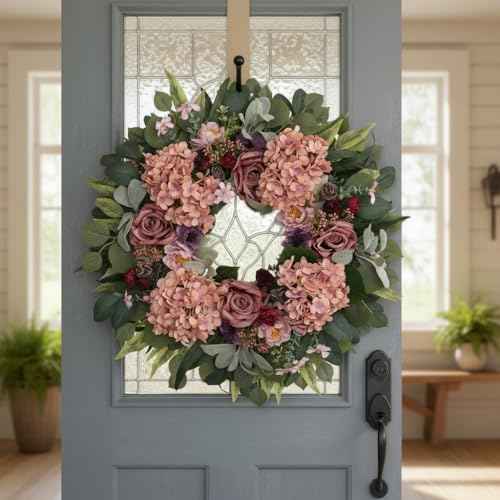 24 Inch Pink Hydrangea Spring Wreath for Front Door