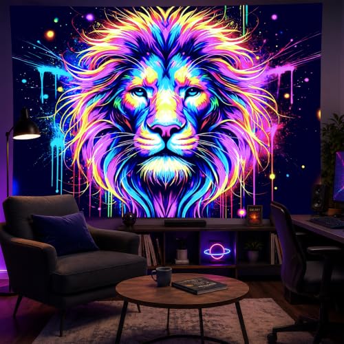 Blacklight Tapestry Lion Fantasy Room Decor 78 x 59 Inch