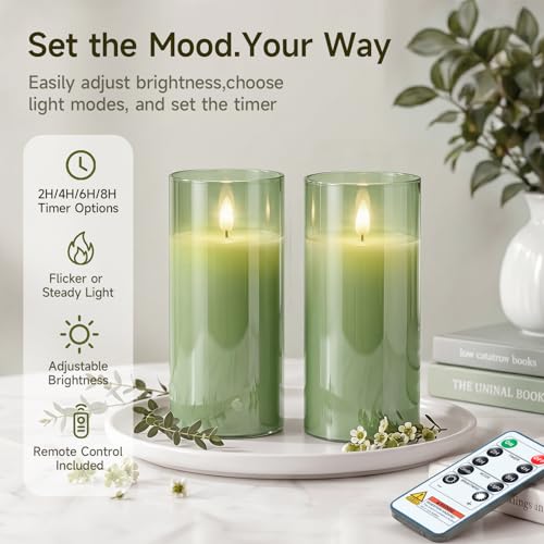 Sage Green Glass Flameless Candles (2 Count)