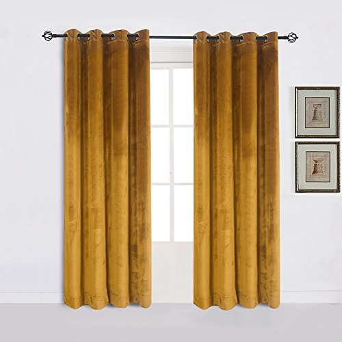 Super Soft Luxury Velvet Warm Yellow Blackout Velvet Energy Efficient Grommet Curtain Panel Drapes Ginger Mustard Curtain Panels 52Wx72L