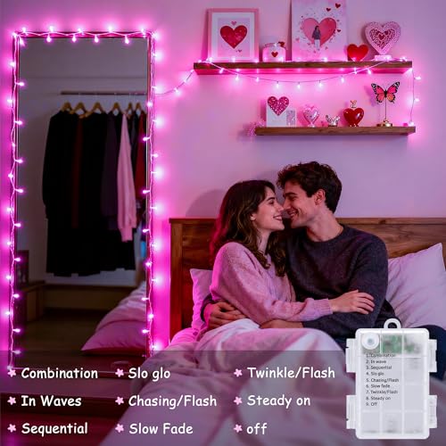 33ft 100 LED Pink Battery Operated Lights with 8 Modes Remote (100 Count)