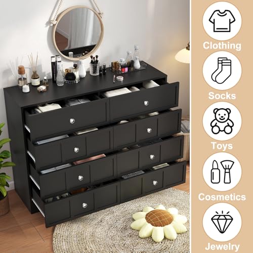 Black Wood Dresser for Bedroom 8 Drawer