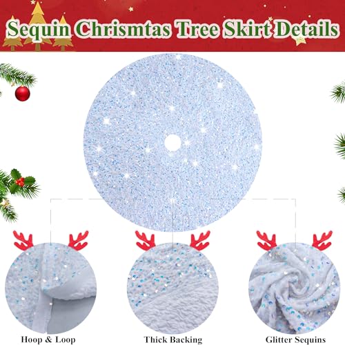 Sequin Christmas Tree Skirt Iridescent White Sparkle Tree Skirt 46 Inch Velvet Xmas Tree Mat Thick Bling Tree Skirt Christmas Decoration Shimmer Tree Cover Skirt for Merry Christmas Party