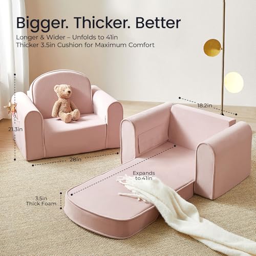 2-in-1 Foldable Kids Couch with Pocket Soft Thick Toddler Sofa