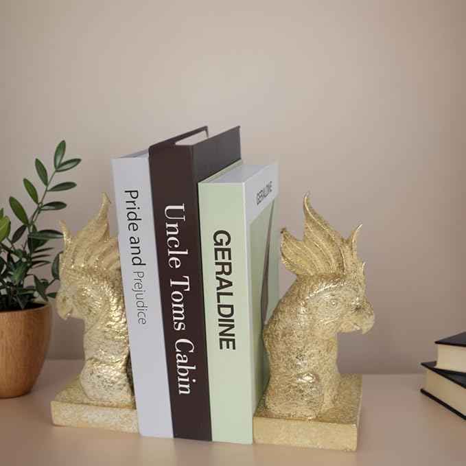 Golden Parrot Decorative Bookends,Set of 2 Cute Bird Animal Sculpture Book Ends to Hold Hevay Duty Books,Unique Resin Statues Book Stopper for Home Office Desk Bookshelf Decor