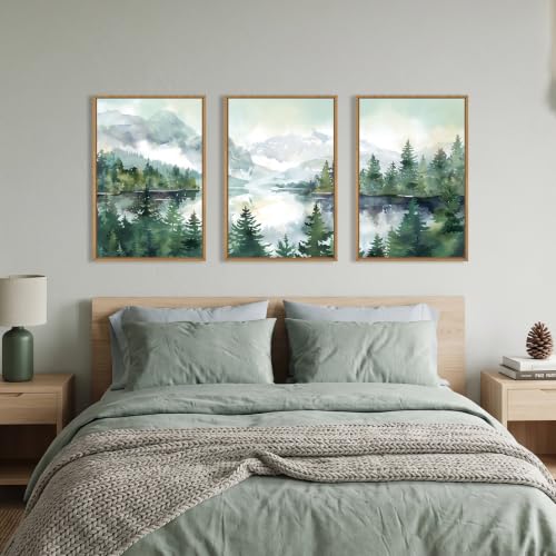 Watercolor Mountain Forest Framed Canvas Wall Art Set