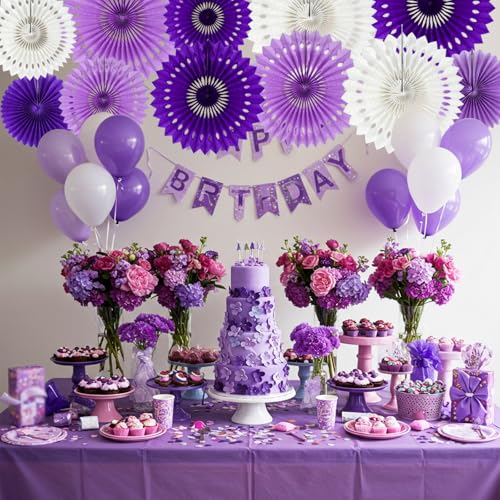 Honeycomb Round Paper Fans Purple White Hanging Party Decoration (9 Count)