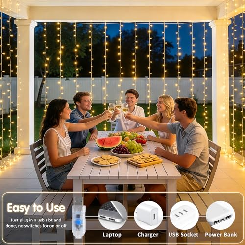 USB Plug in Curtain Lights 200 LED with 8 Modes (6.5 Foot)