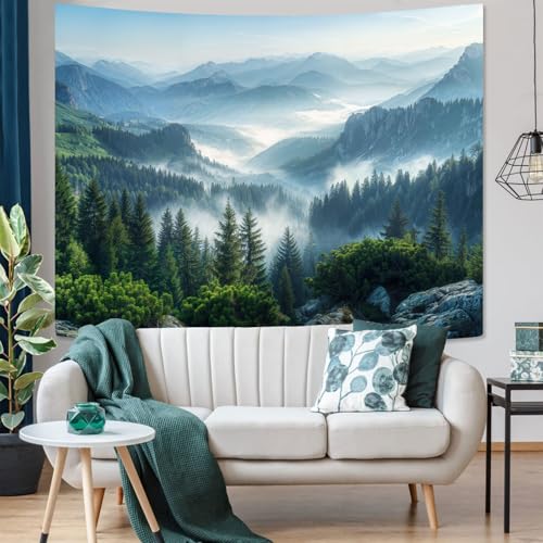 Nature Forest Mountain Tapestry Green Misty Pine Tree Tapestry for Bedroom Aesthetic Foggy Woodlands Sky Landscape Tapestries Wall Hanging for Living Room Dorm 60 x 44 Inch