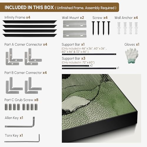 36"x60" Extra Large Framed Wall Art Green Line Art Mountain Landscape Illustration for Home Living Room Bedroom Decor