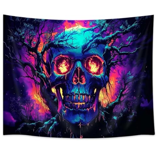 Blacklight Fire Skull Tapestry for Bedroom