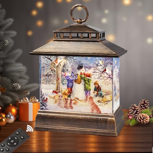 Christmas Snow Globe Lantern Water Glittering Lantern with 8 Songs & 6H Timer Romote Control Christmas Snow Globes USB & Battery Operated for Holiday Festival Decorations Gifts