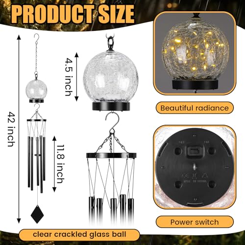 Solar Wind Chimes Outdoor Lights 42 Inch Large Sympathy Gift Chime 15 LED Twinkle Warm White Crackled Glass Ball Hanging Lantern Gifts for Birthday Garden Yard Patio Landscape Decor