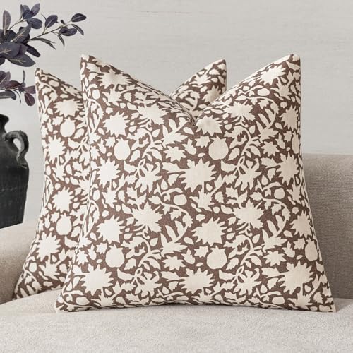 Set of 2 Decorative Neutral Floral Throw Pillow Covers Accent Farmhouse Cushion Covers Boho Vintage Pillowcase for Couch Sofa Bedroom Living Room Home Decor (2 Count)