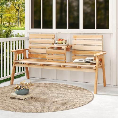 Outdoor Fir Wood Bench with Foldable Middle Table