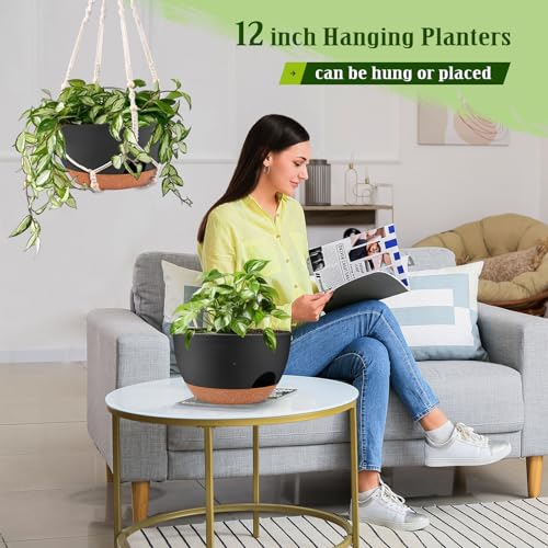 12 Inch Hanging Basket Planter with Chain & Rope for Indoor Outdoor Plants (2 Count)