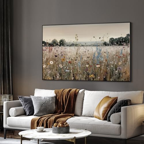 36"x60" Extra Large Framed Wall Art Wildflower Meadow Landscape Soft Pastel Field Illustration for Home Living Room Bedroom Decor