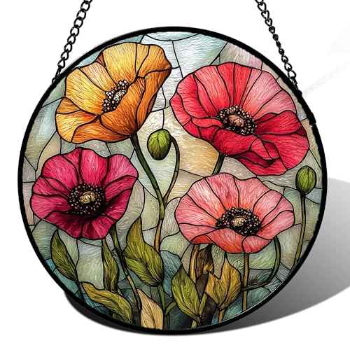 Poppy Flower Stained Glass Window Hanging Suncatcher Gifts for Women 7.8"