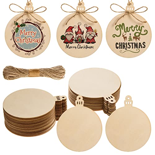 120 Pcs Wooden Christmas Ornaments Unfinished Wooden Circles with Holes Blank Round Wood Discs Slices Wooden Christmas Hanging Ornaments with Twine for DIY Crafts Present Tags Xmas Party Decor (120 Count)