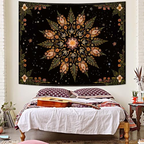 Boho Floral Mandala Tapestry for Bedroom Aesthetic Vintage Bohemian Flower Wall Tapestry Black Green Hippie Indian Small Tapestries Wall Hanging for Living Room Dorm Decor 40 x 30 Inch