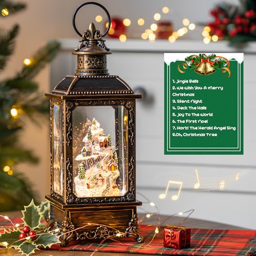 Christmas Snow Globe Lantern Musical Lighted Snow Mountain Snowman Village Water Lantern with Swirling Glitter Decoration for Christmas Home
