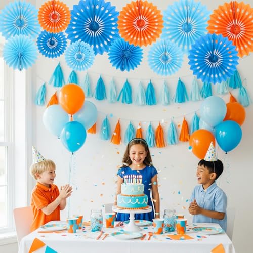 Honeycomb Round Paper Fan Blue Mix Orange Hanging Party Decoration (11 Count)