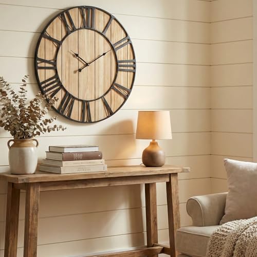 Large Farmhouse Wall Clock 24 Inch Vintage Brown Wooden Wall Clock with Quiet Ticking and Minimalist Roman Numerals for Bedroom Living Room Office Kitchen Home Decor