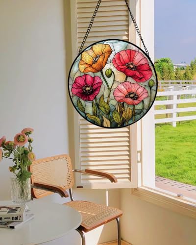 Poppy Flower Stained Glass Window Hanging Suncatcher Gifts for Women 12"