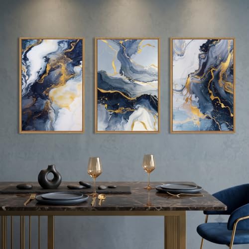 Abstract Navy Blue and Gold Framed Canvas Wall Art Set