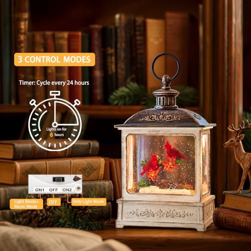 Christmas Snow Globe Water Glittering Cardinal Scene with Music & Timer