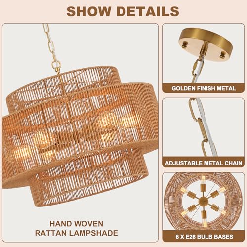 23.6" Large Gold Rattan Chandelier