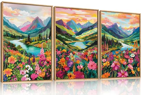 Colorful Mountain Floral Framed Canvas Wall Art Set