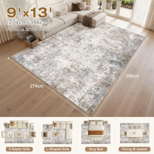 9x13 Area Rug Living Room Rugs Washable Neutral Brown Grey Carpet (24 Count)