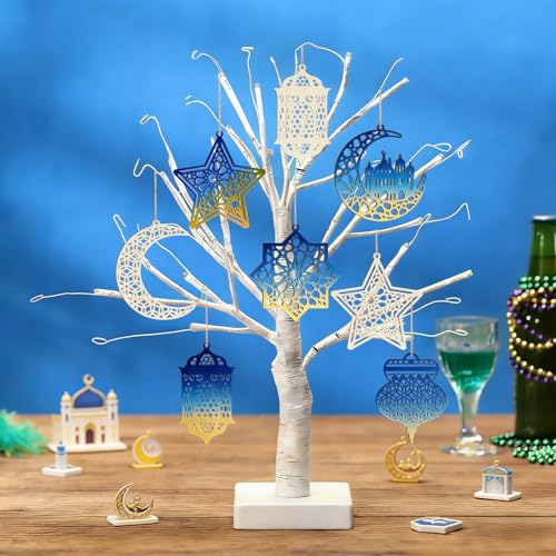 36PCS Wooden Ramadan Decorations Eid Islam Mubarak Ornaments Mubarak Hanging Hollow Pendant to Paint (36 Count)
