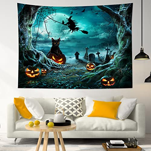 Halloween Tapestry Pumpkins Black Cat Dead Tree in Spooky Graveyard Full Moon Night with Witch Halloween Wall Hanging for Bedroom Living Room Dorm Decor 59x51 Inch