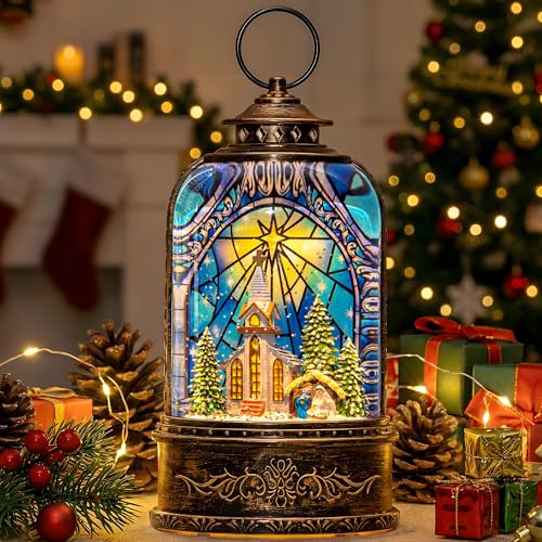 Christmas Snow Globe Lantern Water Glittering Churches & Holy Family with Music& Timer